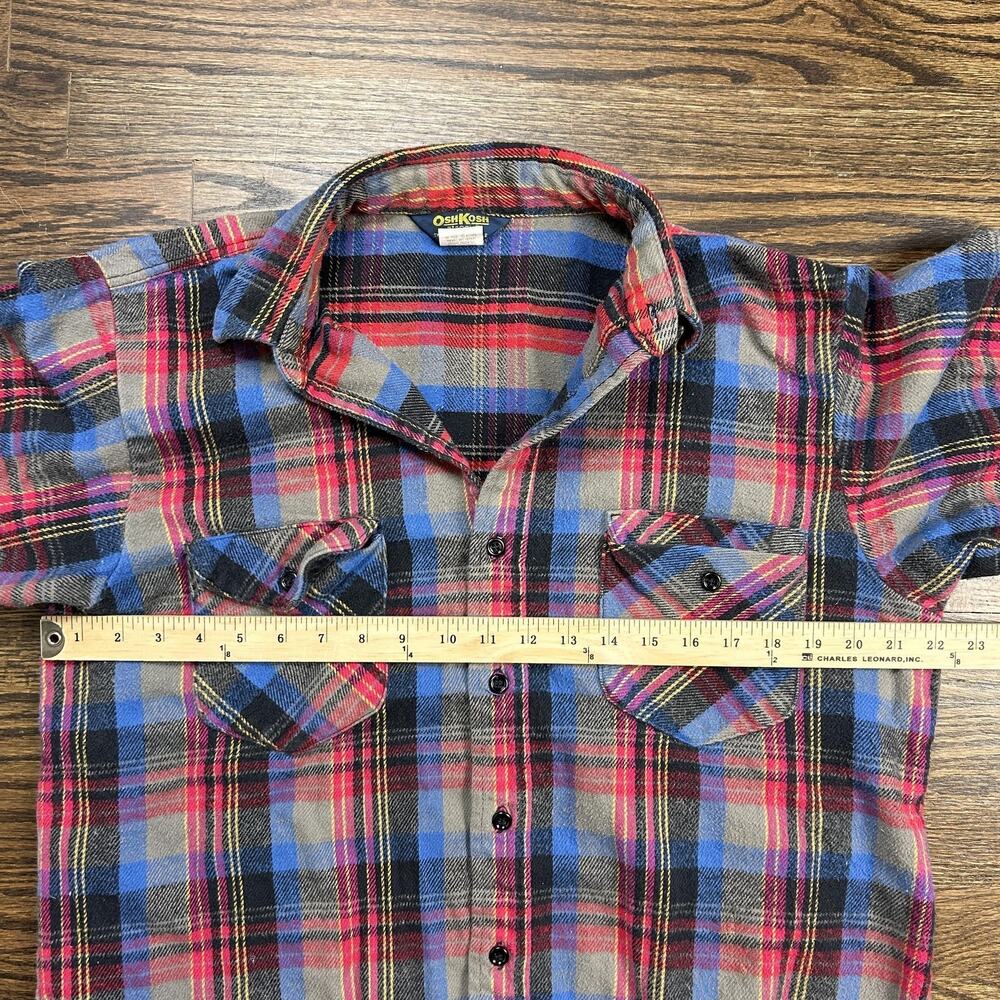 Vintage OshKosh B'Gosh Mens Large Plaid Flannel Button Down Shirt Blue Red Grey - Picture 4 of 11